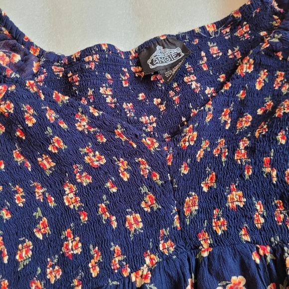 Boho Bell Sleeves Smocked Floral Print Top Ruffle Cottagecore Navy Blue XL - Picture 6 of 13